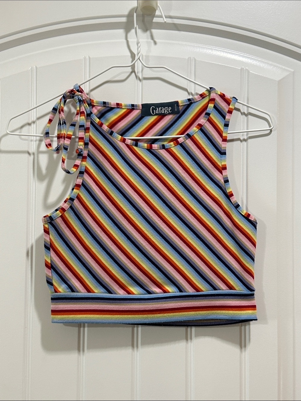 Garage Rainbow Stripe Tie-Shoulder Crop Tank (custom crop cut)
